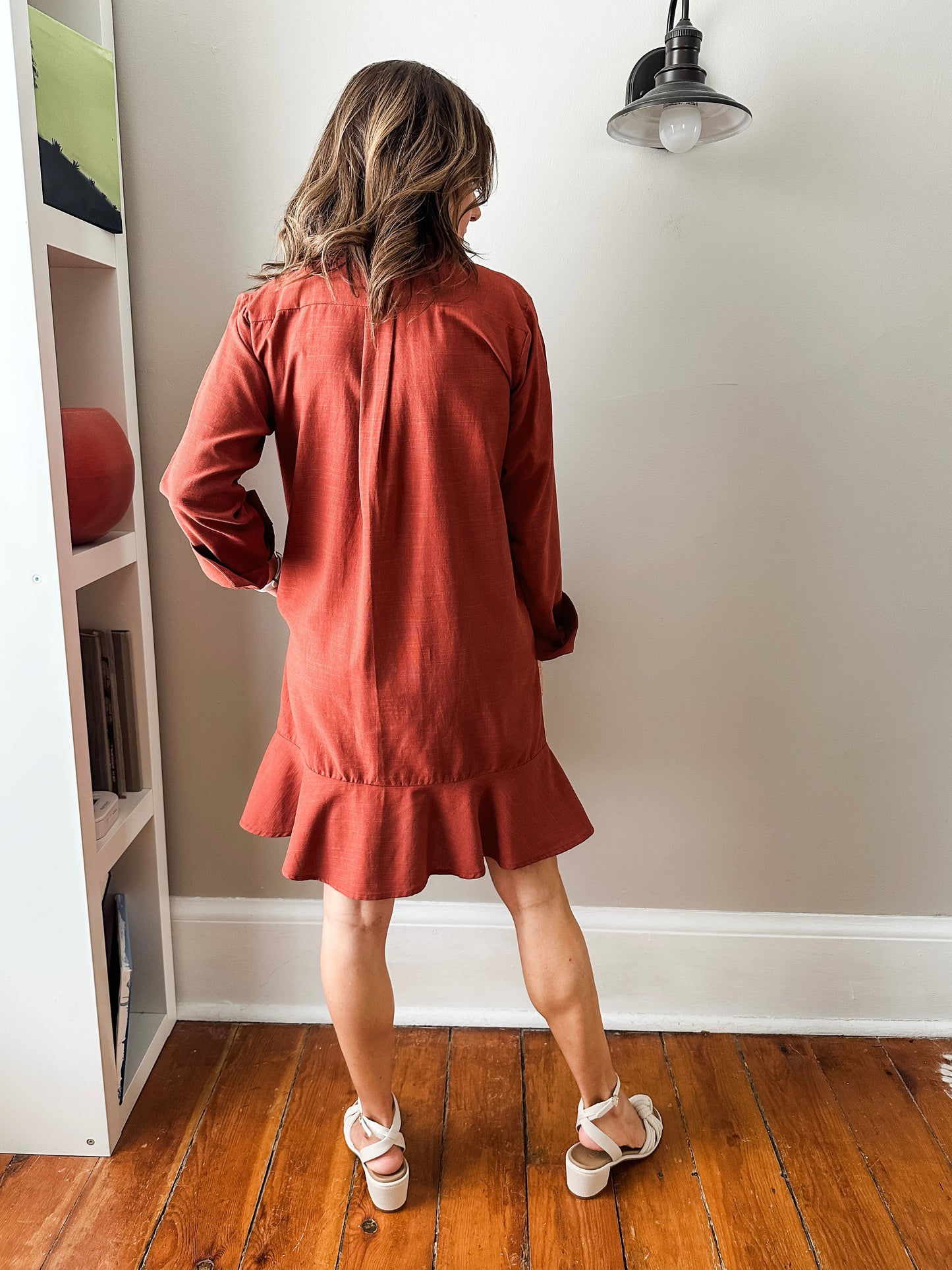 Linen Shirt Dress with Bottom Ruffle