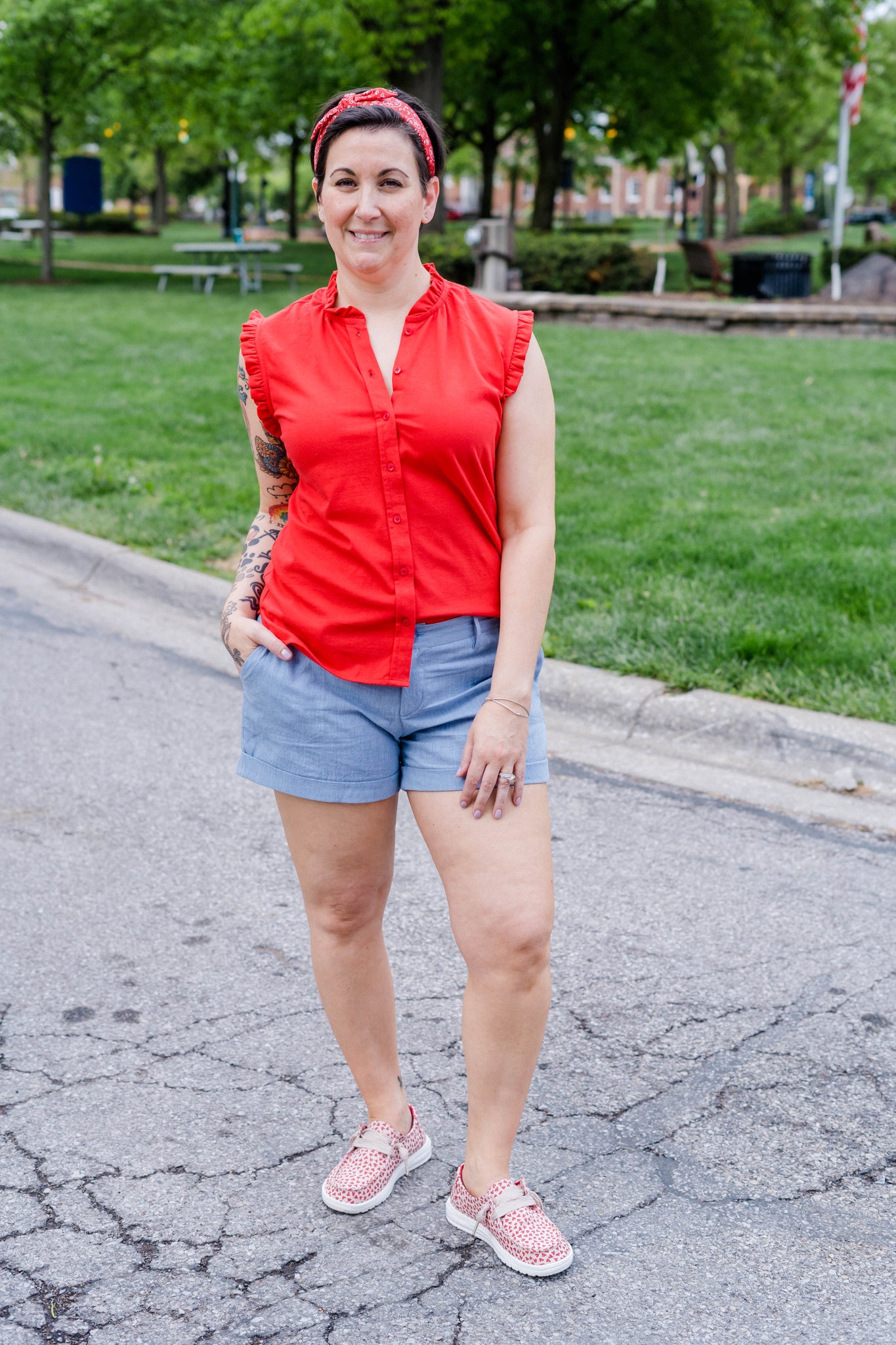 Sleeveless Ruffle Button-Up Shirt