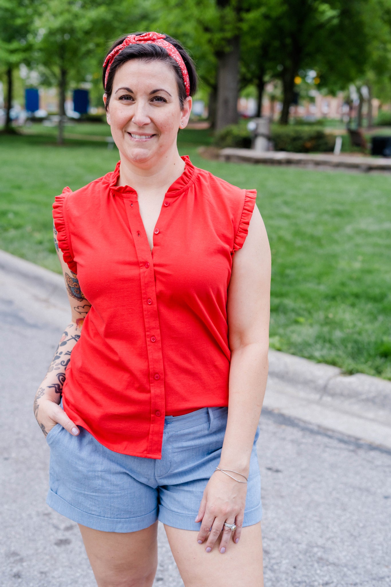 Sleeveless Ruffle Button-Up Shirt