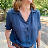 Open Collar V-Neck Button-up Blouse