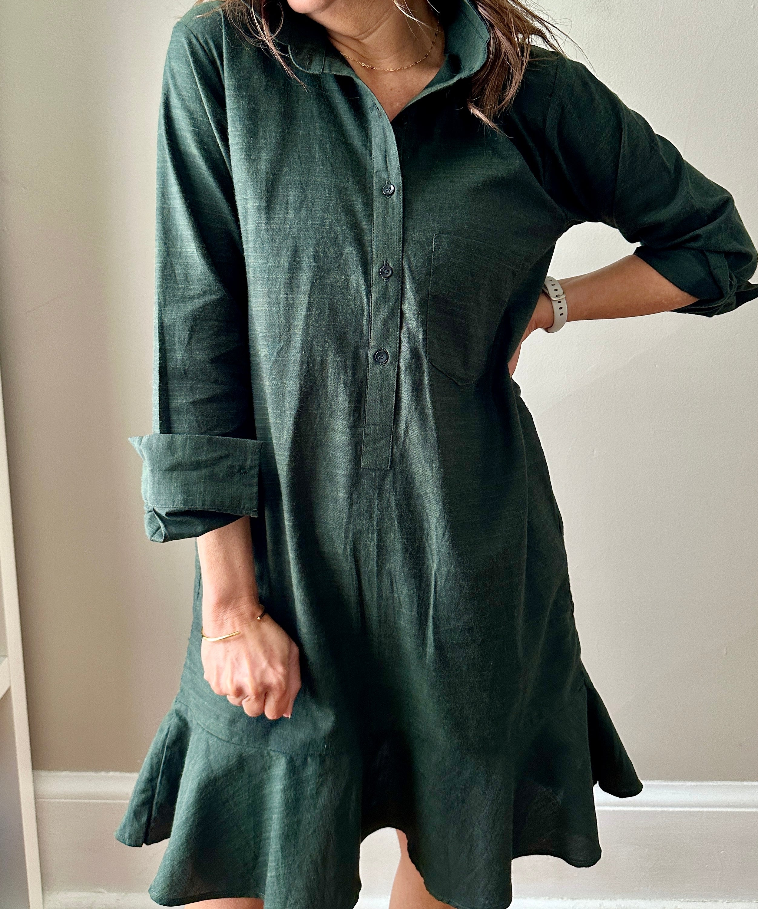 Linen Shirt Dress with Bottom Ruffle