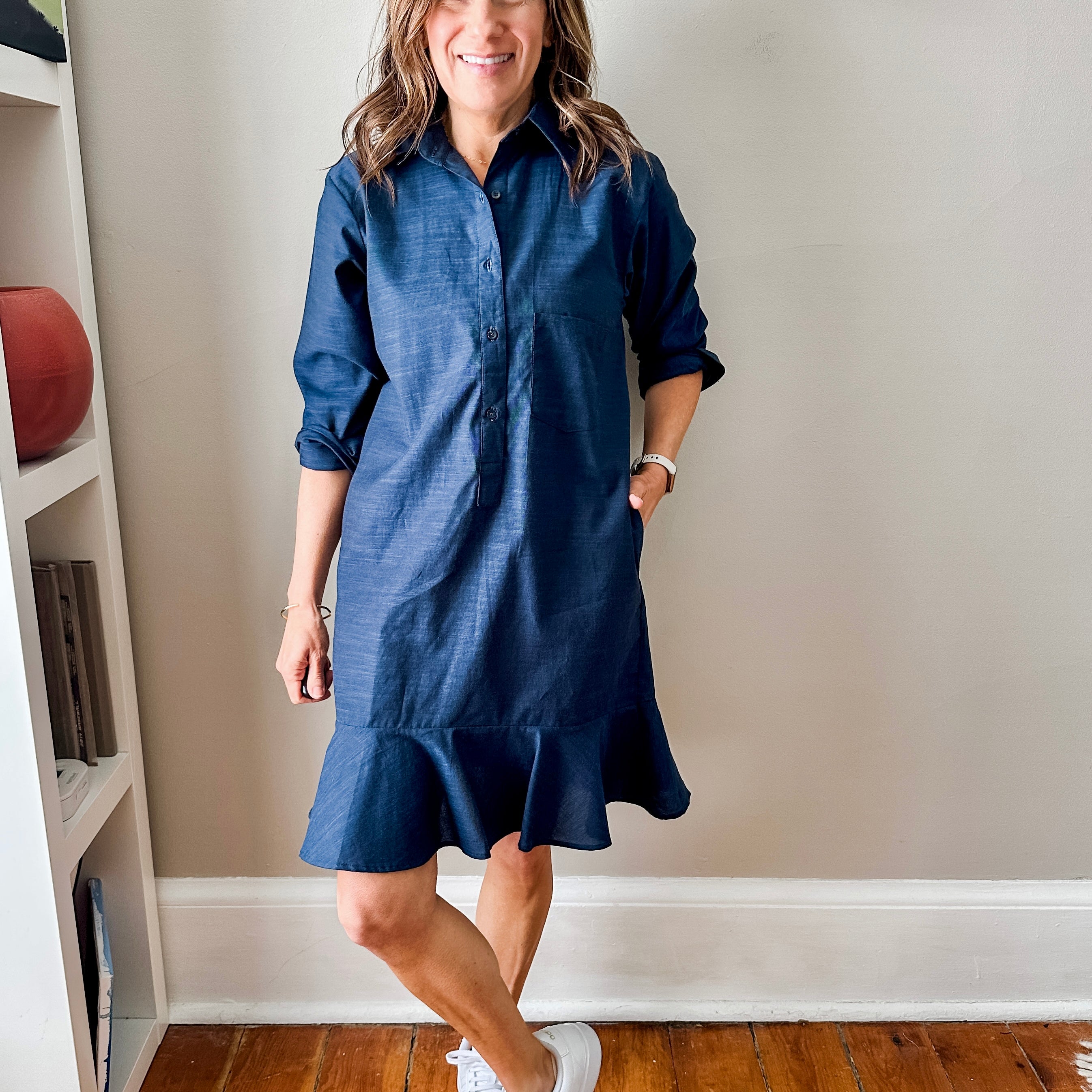 Linen Shirt Dress with Bottom Ruffle