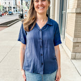 Open Collar V-Neck Button-up Blouse