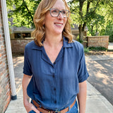 Open Collar V-Neck Button-up Blouse