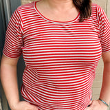 elbow sleeve ribbed stripe knit top