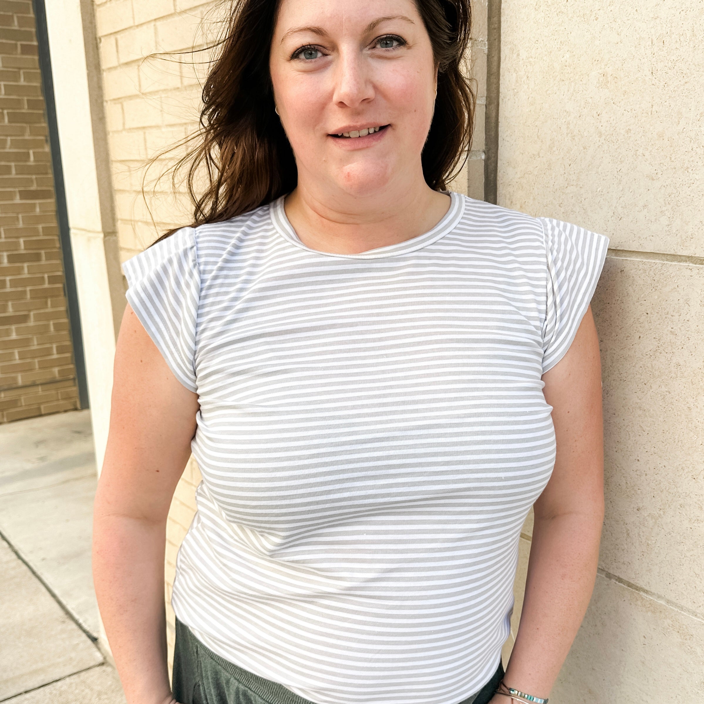 Flutter cap sleeve striped knit top