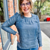 Pull-Over Blouse with Pleated Crew Neckline