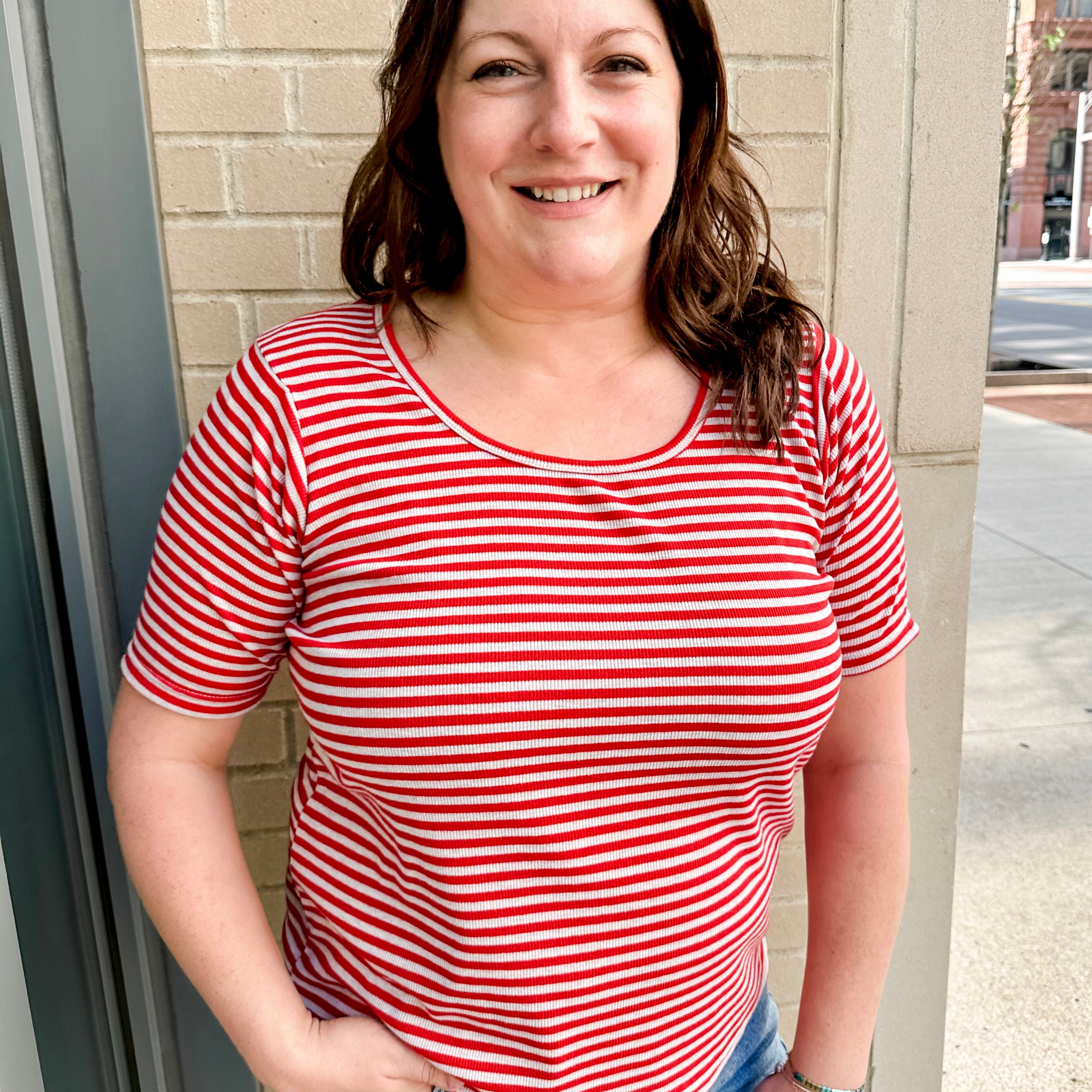 elbow sleeve ribbed stripe knit top