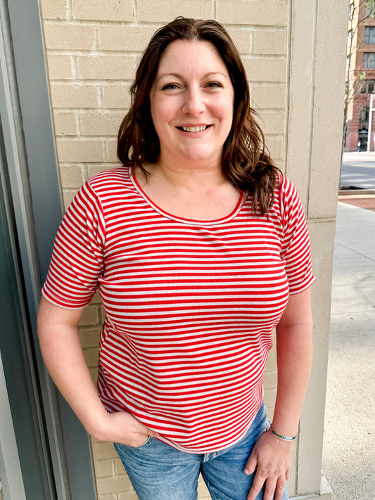 elbow sleeve ribbed stripe knit top