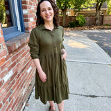 Tiered Knit Shirt Dress olive