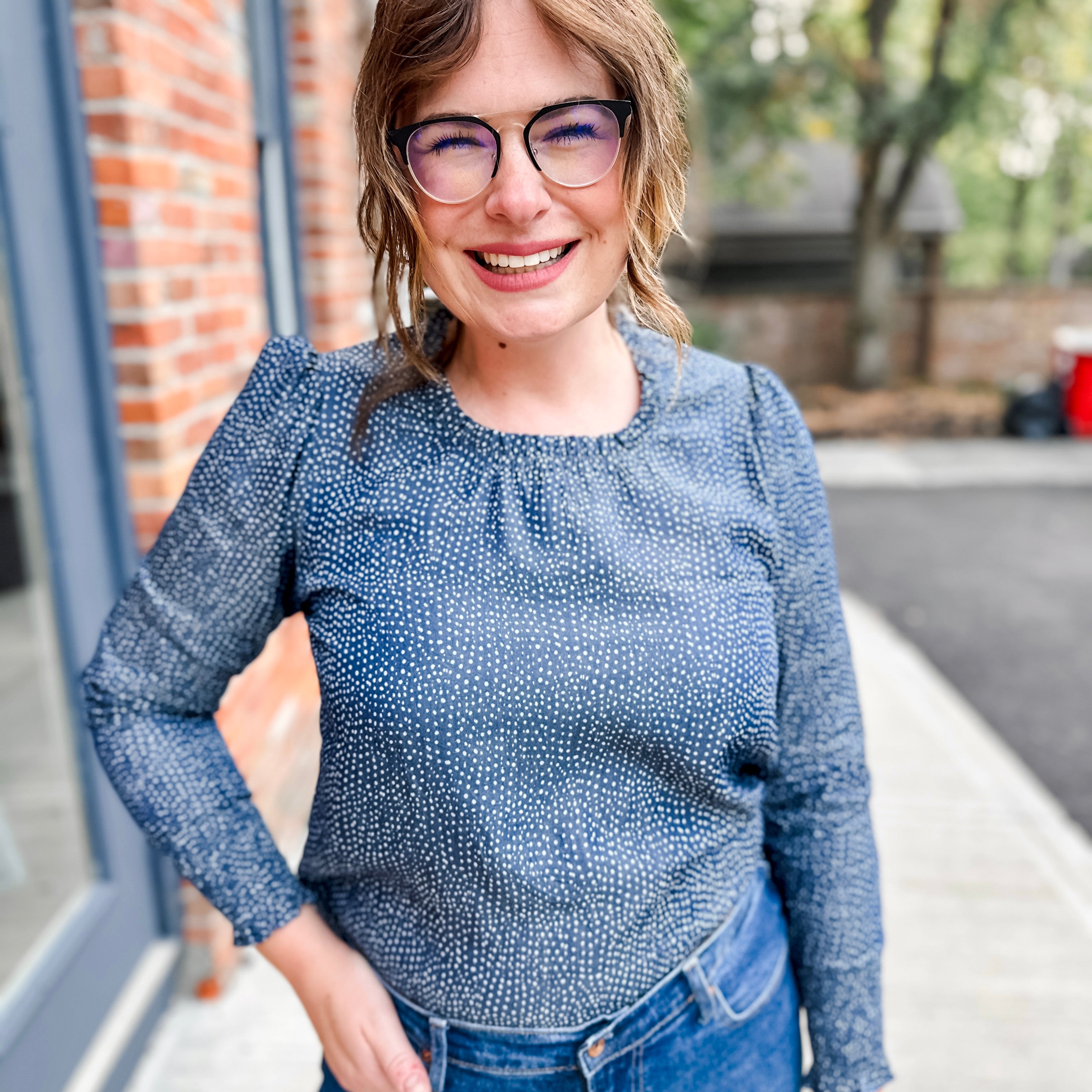 Pull-Over Blouse with Pleated Crew Neckline