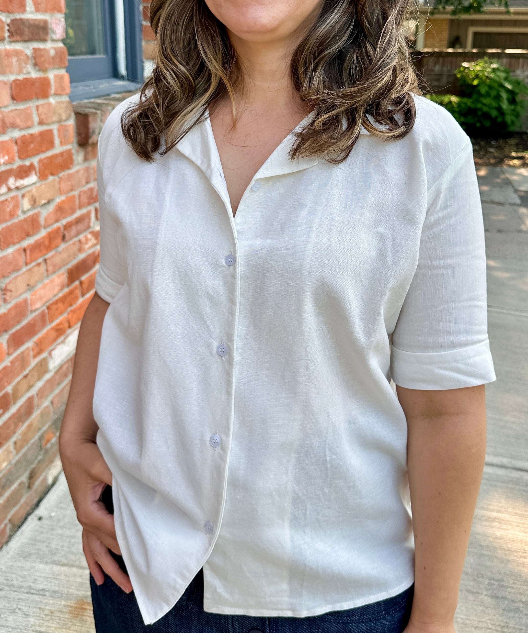 Open Collar V-Neck Button-up Blouse