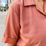 Open Collar V-Neck Button-up Blouse