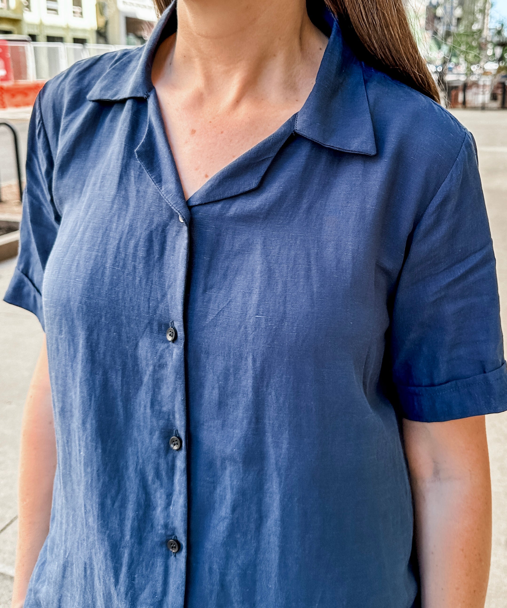 Open Collar V-Neck Button-up Blouse