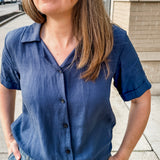 Open Collar V-Neck Button-up Blouse