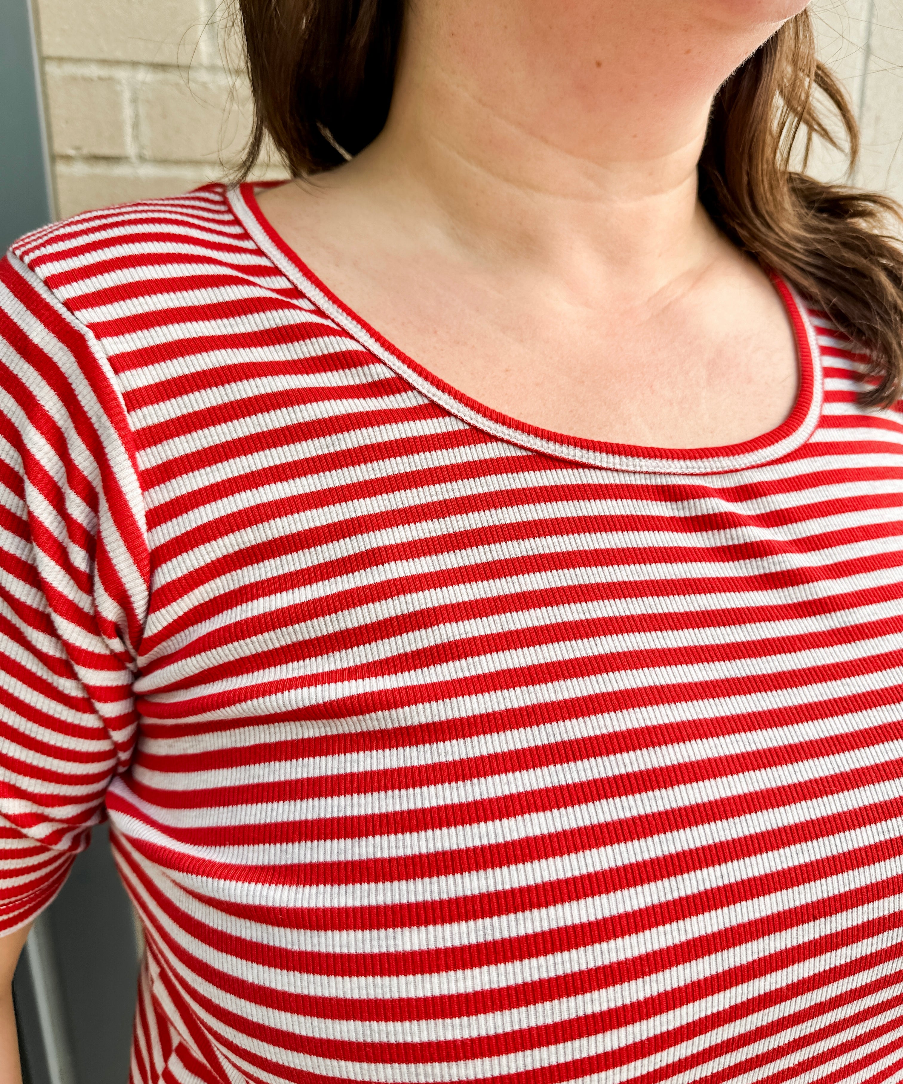 elbow sleeve ribbed stripe knit top