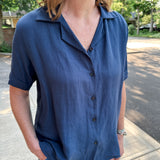 Open Collar V-Neck Button-up Blouse