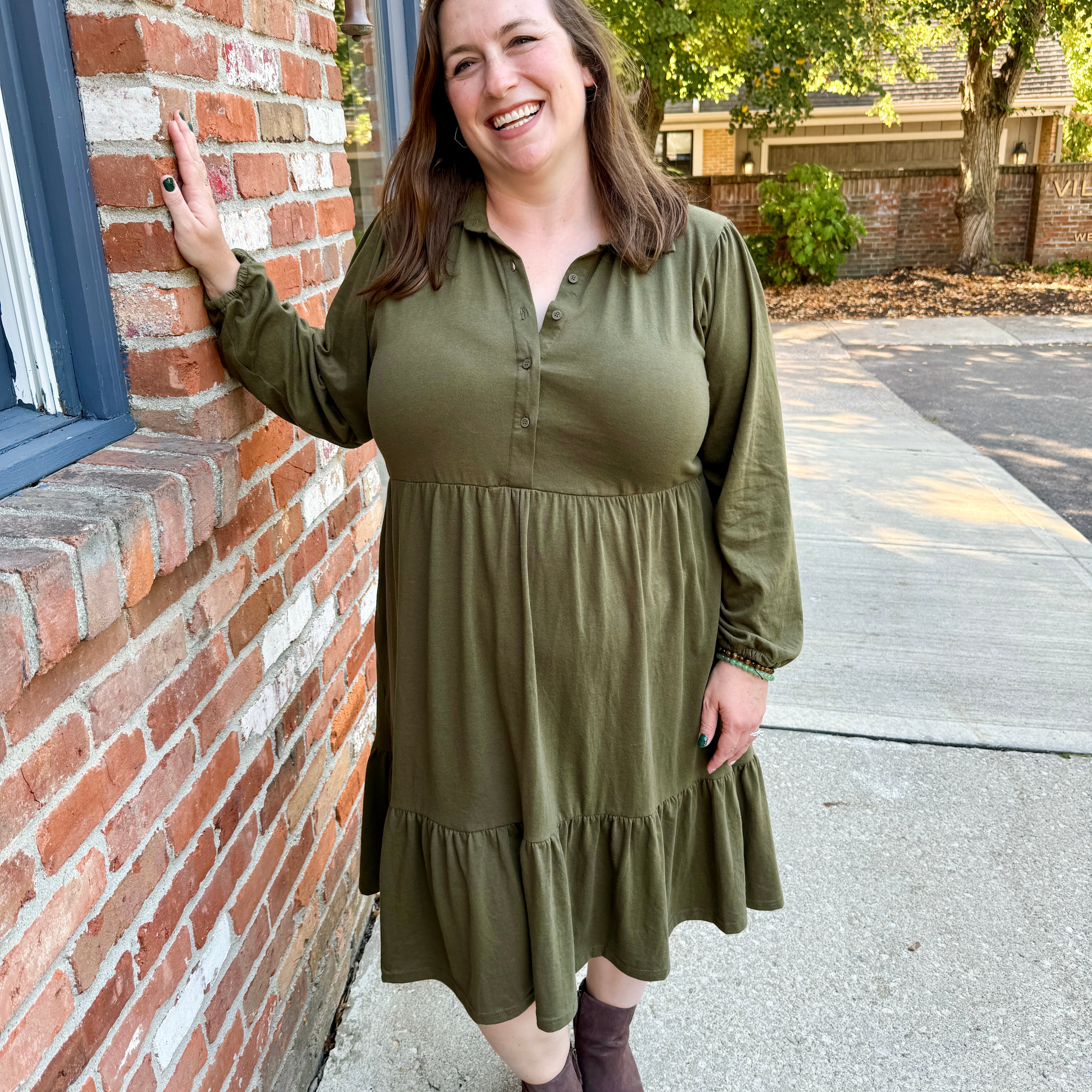 Tiered Knit Shirt Dress olive