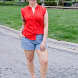 Sleeveless Ruffle Button-Up Shirt