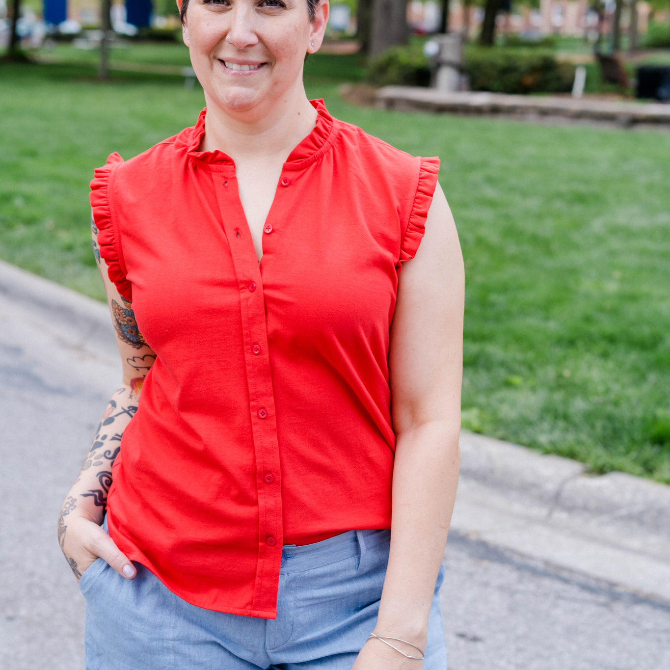 Sleeveless Ruffle Button-Up Shirt