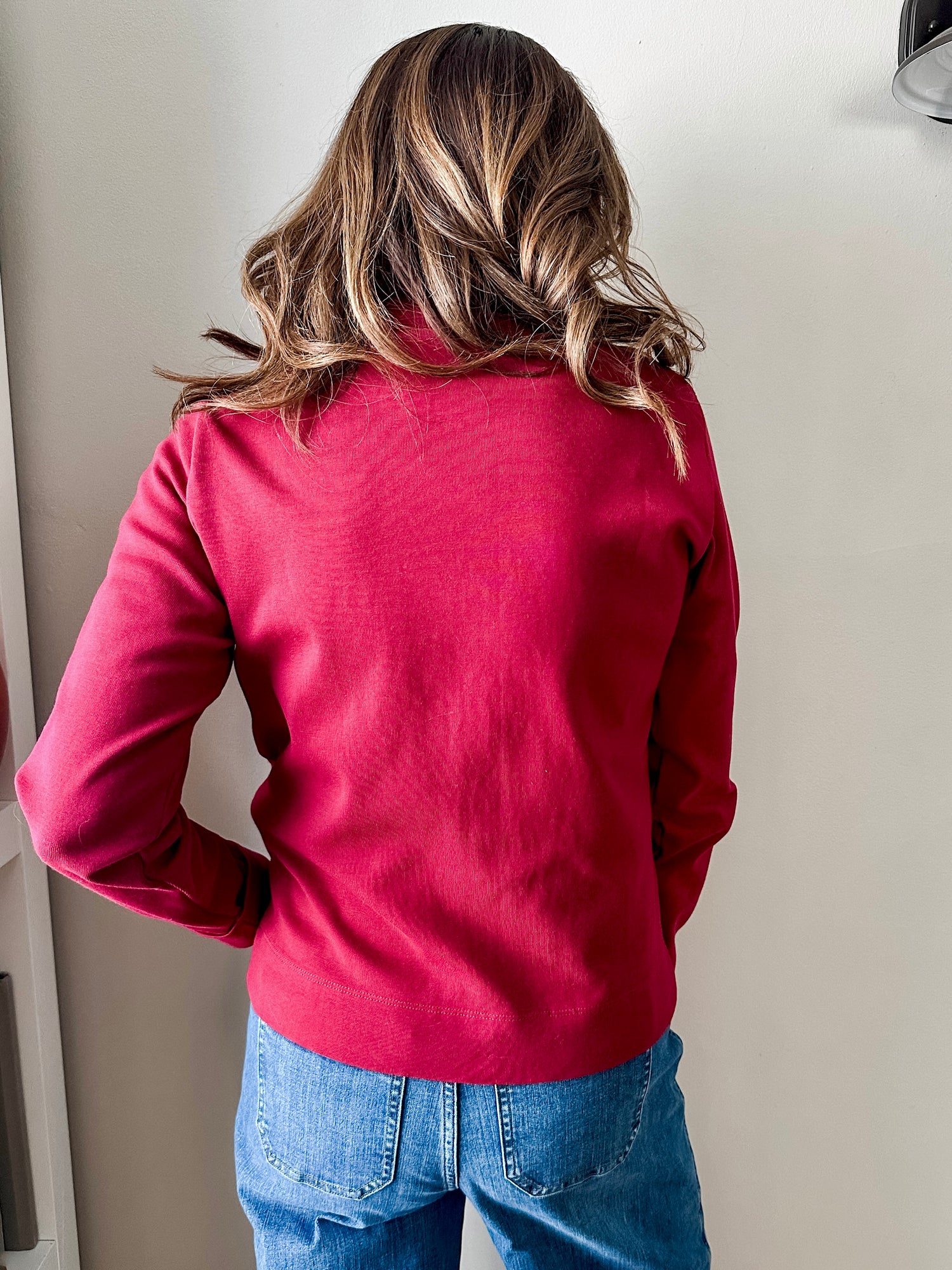 Versatile women's jacket with front pockets and a slightly boxy fit, crafted from soft 100% cotton surplus knit ribbed fabric. Features revised lower chest pockets, matching front buttons, and a stylish shirt collar. Medium-weight design hits at the waist or slightly below for a flattering fit.