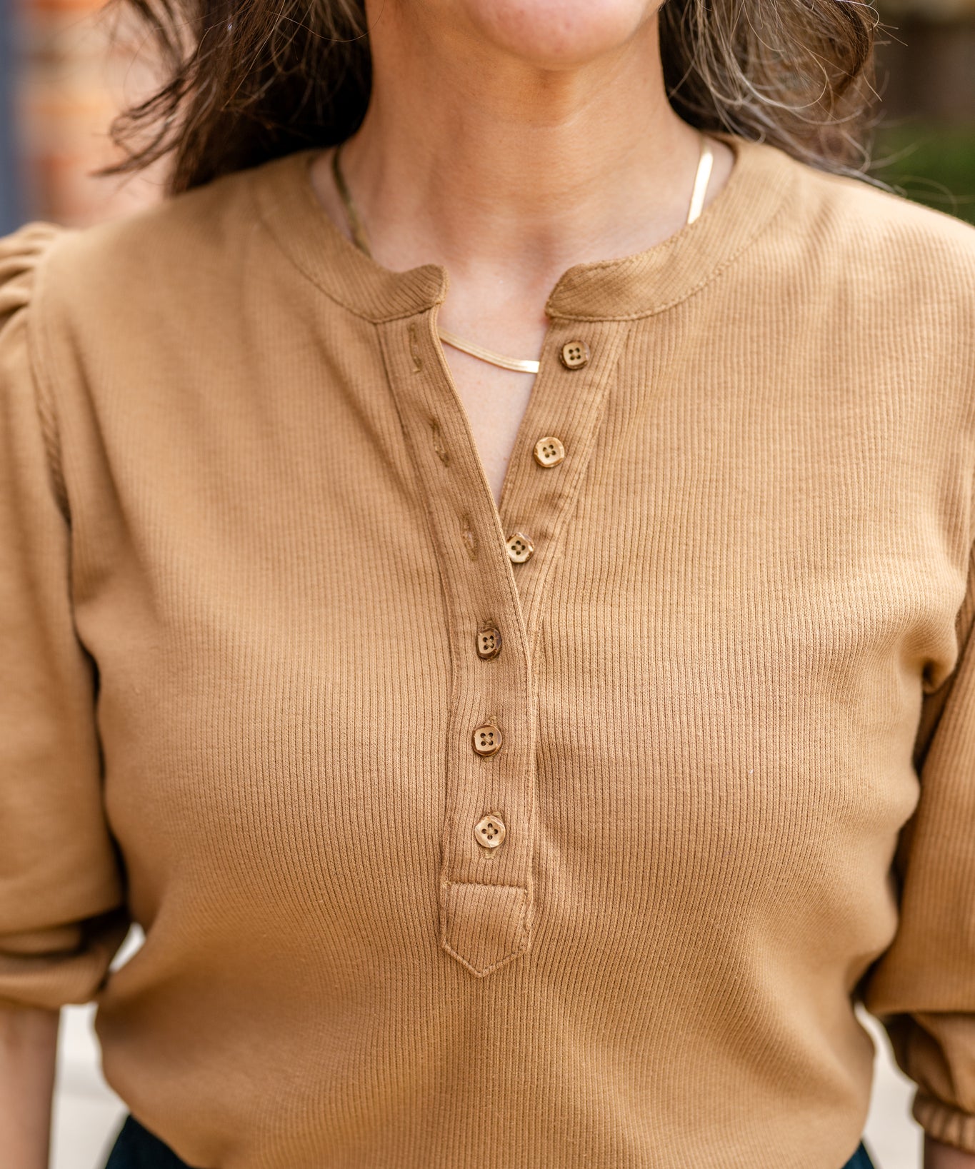 Rib Puff Sleeve Henley Top