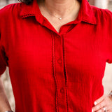Short Sleeve Button-Up Blouse with Lace