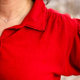 Short Sleeve Button-Up Blouse with Lace