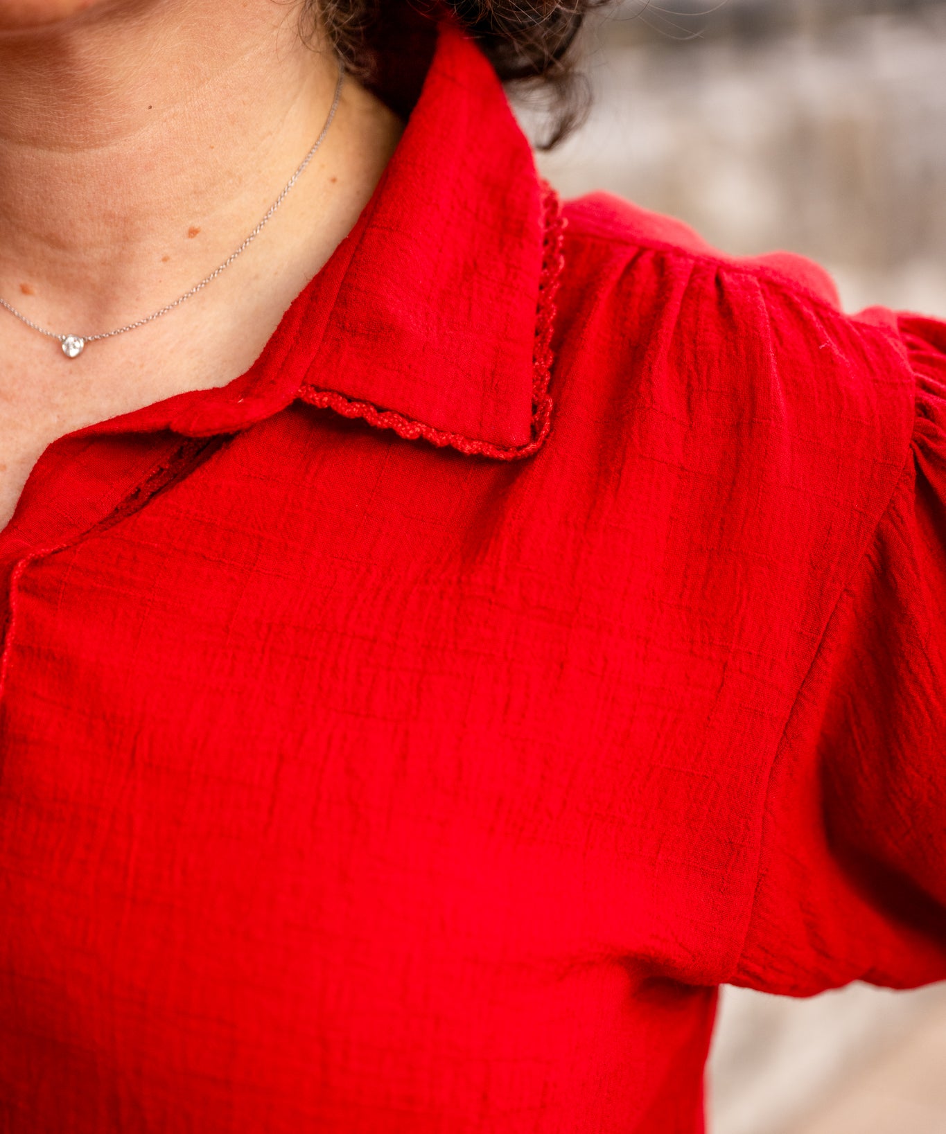 Short Sleeve Button-Up Blouse with Lace