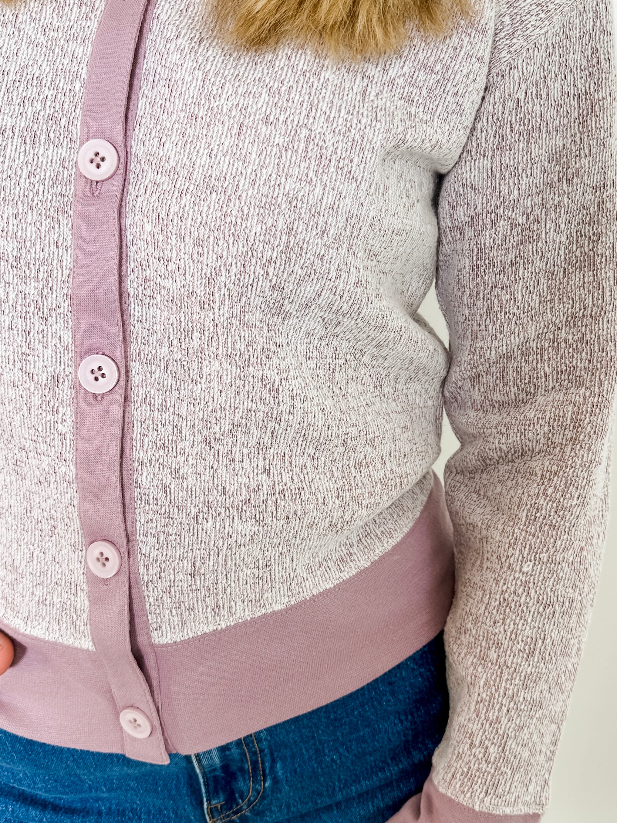 Women's button-front cardigan in lightweight knit fleece cotton blend, available in heathered lavender. Features matching ribbed trims, classic fit, drop-shoulder long sleeves, banded hem & cuffs, and matching buttons. Light-medium weight fabric with slight stretch. Versatile styling. Available in XS-3X.