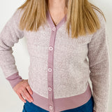 Women's button-front cardigan in lightweight knit fleece cotton blend, available in heathered lavender. Features matching ribbed trims, classic fit, drop-shoulder long sleeves, banded hem & cuffs, and matching buttons. Light-medium weight fabric with slight stretch. Versatile styling. Available in XS-3X.