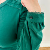 Women's knit blouse with lace detail, made from 100% cotton jersey surplus fabric. Available in Evergreen. Features a collarless band neckline, matching button-front placket, delicate knit lace on shoulders, collar, cuffs, and placket, keyhole buttoned cuffs, and side slits. Medium-weight fabric with light stretch for a straight fit. Available in sizes XS-3X. 