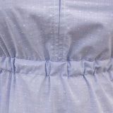 Elegant midi-length dress in surplus 100% cotton with puff sleeves and a unique V-neckline. Features ruching along the bodice, shoulders, and skirt, plus drawstring bows at the waist for a flattering fit. Designed with hidden side pockets, elbow-length keyhole cuff sleeves, and a box-pleated hem. Finished with French seams and a hidden decorative placket.