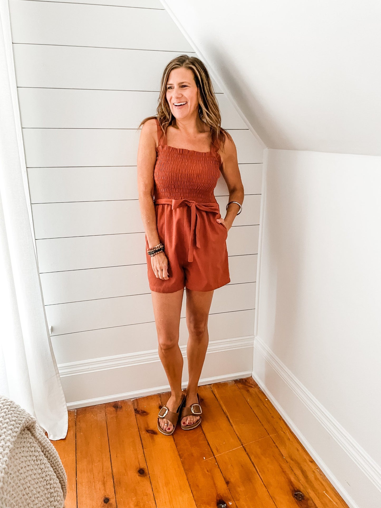 Wide Strap Smocked Romper - Red Clay