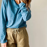 Long Sleeve V-Neck Knit Top - Lake Blue